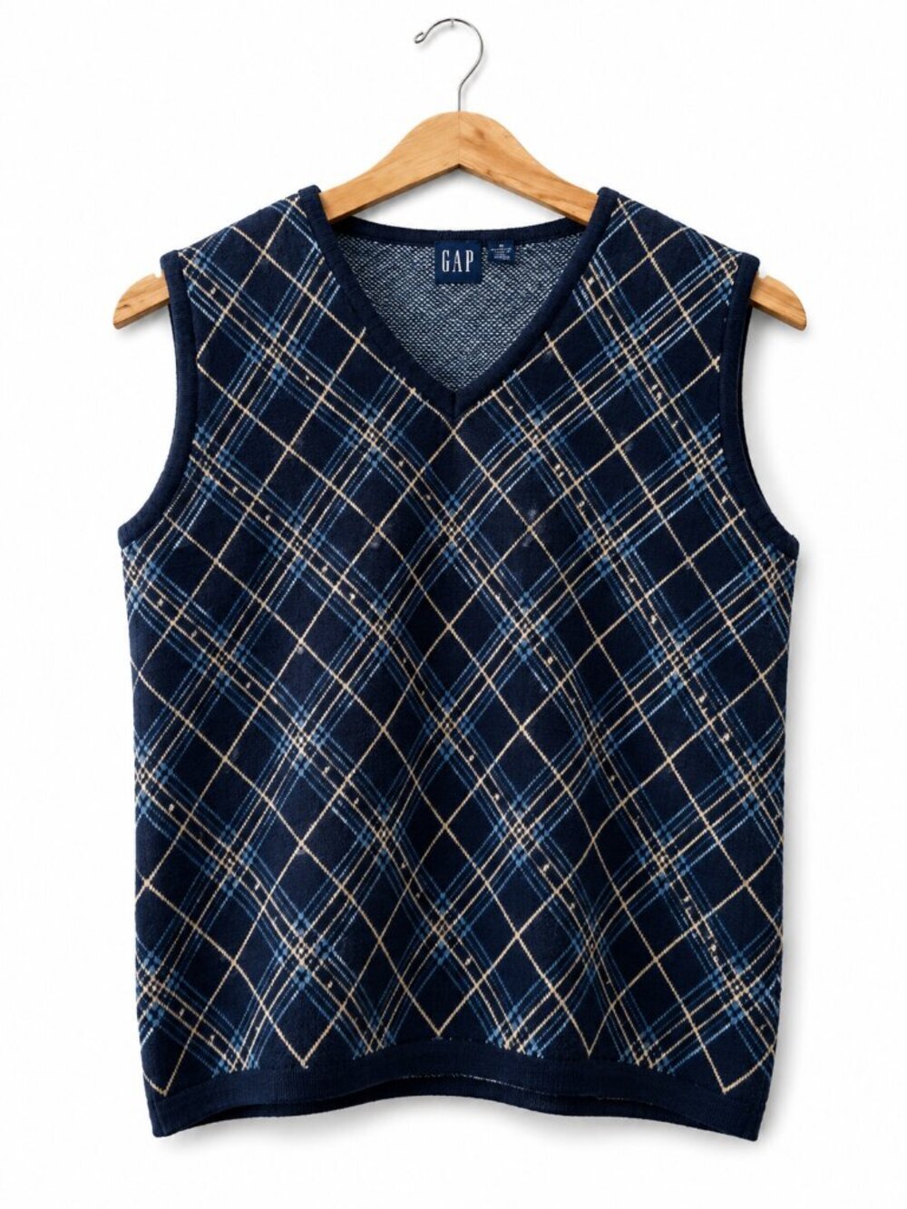 Gap Navy Blue Plaid 100% Cotton V-Neck Sweater Vest Knit Ribbed Trim Size Small